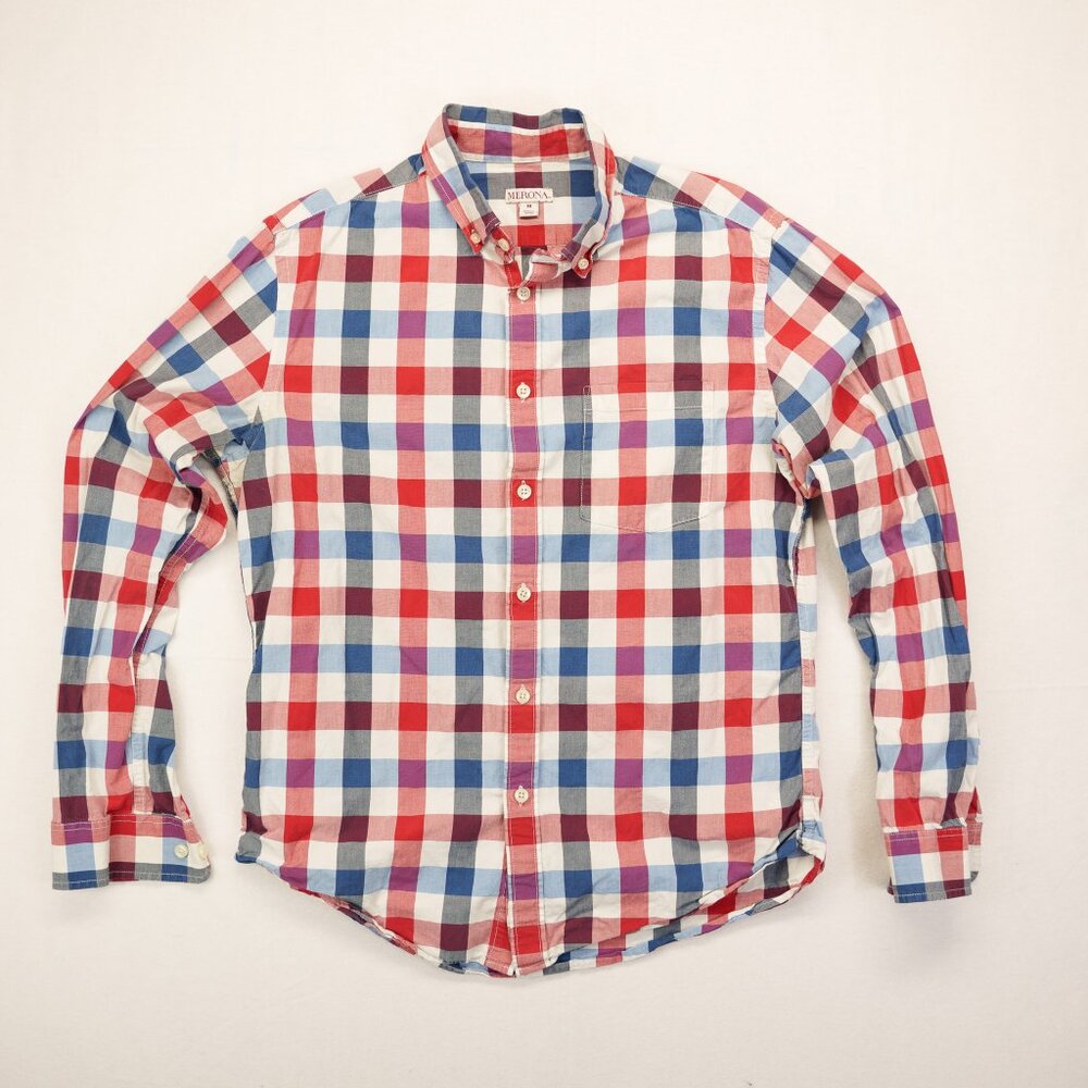 Merona Men's Casual Plaid Red Casual Cotton Tailored Button Down Size M